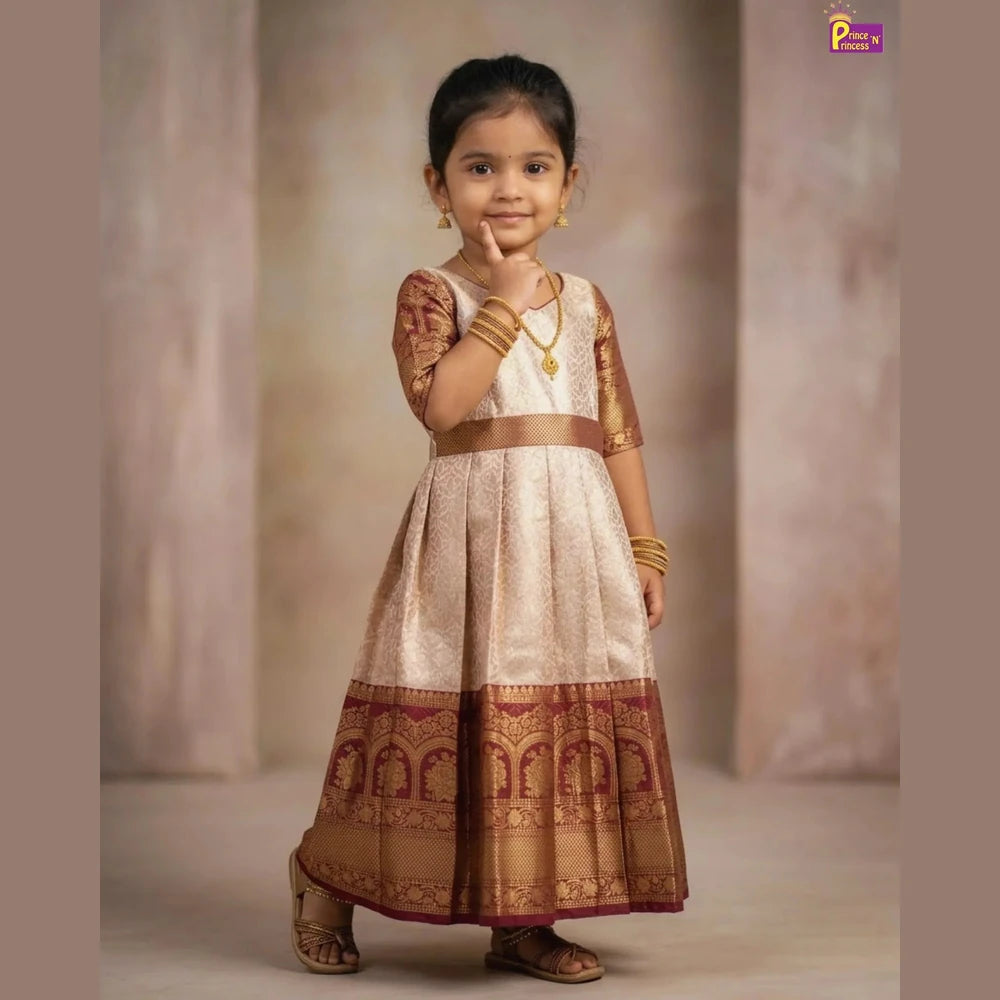 Girls Maroon Banarasi Chanderi Gown with Banarasi Coat Kids Festive Dress | Clearance Sale PG433